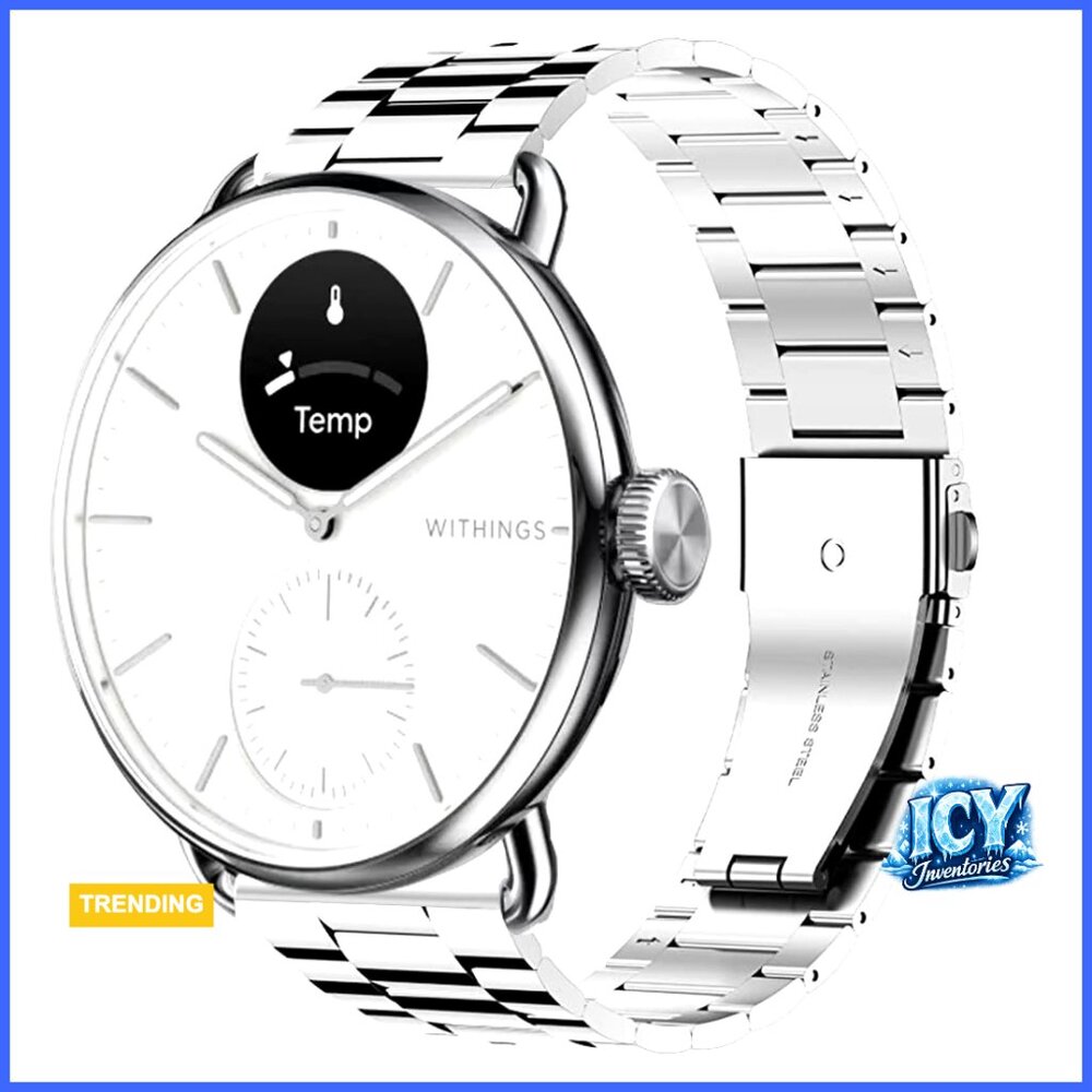 Stainless Steel Smartwatch Replacement Band, Adjustable Foldover Clasp
